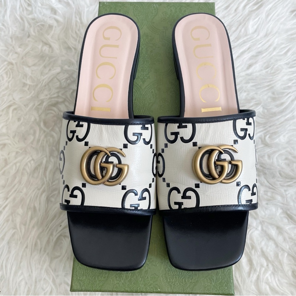 Gucci Jolie GG Marmont Slide Sandal Black White Leather size 39.5